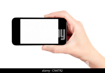 Main tenant téléphone intelligent avec écran vide. Isolé sur blanc. Banque D'Images
