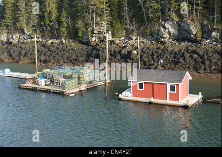 Les engins de pêche stocké pour l'hiver dans une baie abritée, Head Harbour, l'île Campobello, au Nouveau-Brunswick, Canada. Banque D'Images