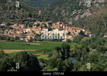 La France, l'Hérault, vallée de l'Orb, village de Roquebrun dans la distance et l'AOC Saint Chinian et Roquebrun Banque D'Images