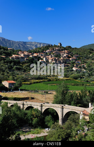 La France, l'Hérault, vallée de l'Orb, village de Vieussan dans la distance et l'AOC Saint Chinian et Roquebrun Banque D'Images