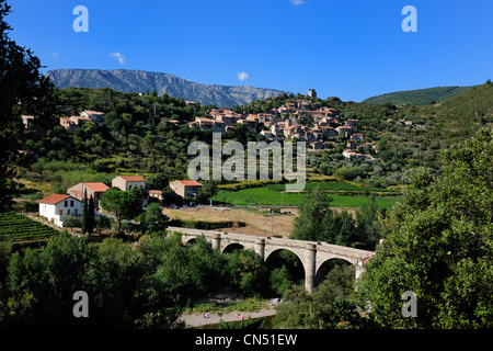 La France, l'Hérault, vallée de l'Orb, village de Vieussan dans la distance et l'AOC Saint Chinian et Roquebrun Banque D'Images