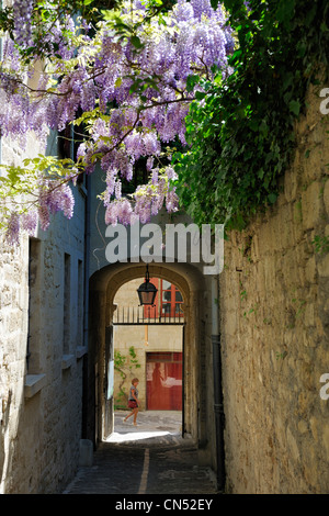 La France, Gard, Pays d'Uzege, Uzes, le passage entre le Port Royal Street et le jardin médiéval Banque D'Images