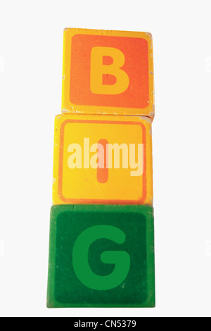 Blocs de construction jouets pour enfants lettre sur un fond blanc big orthographe Banque D'Images