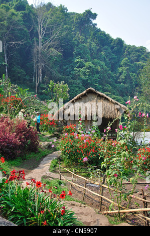 Chaume traditionnel maison Akha en tribus de Colline Village Museum et jardins, près de Chiang Mai, la province de Chiang Mai, Thaïlande Banque D'Images