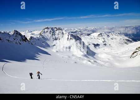 France, Savoie, Massif de La Vanoise, La Vallée de la Tarentaise, la station de ski 3 Vallées, Méribel, ski hors-piste sur le glacier du Banque D'Images