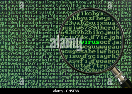 Loupe l'accent sur le mot Virus sur un écran plein de caractères alphanumériques Banque D'Images