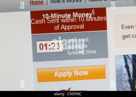 Une capture de l'QuickQuid site web, une société de prêt sur salaire au Royaume-Uni, la publicité 10 minutes de l'argent. Banque D'Images