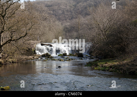 Un déversoir dans la rivière Wye dans Dale Monsal dans le Peak District, Derbyshire, Angleterre Banque D'Images