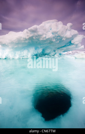 La Norvège, Svalbard, Storfjorden, Fjord en fonte trou iceberg flottant sur soirée d'été dans l'archipel de Tusenøyane Banque D'Images