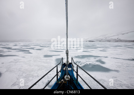 La Norvège, Svalbard, Nordaustlandet, SV Arctica dans la glace de mer dans le Fjord de Murchison à Nordvika le long du détroit d'Hinlopen Banque D'Images