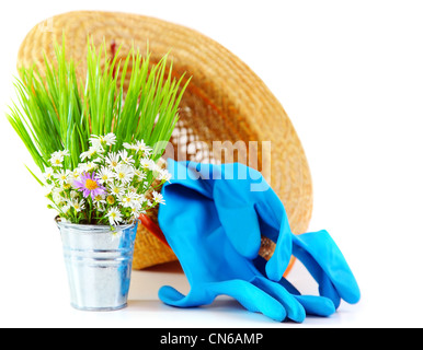 Outils de jardinage avec des fleurs fraîches isolées sur fond blanc, jardin bio concept Banque D'Images