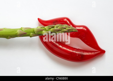 paire de fraises à feuilles rouges avec tige à pointe d'asperge sur fond blanc - concept manger des légumes asperges Banque D'Images