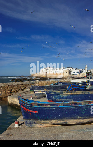 Bateaux de pêche en face de la citadelle d'Essaouira, Maroc Banque D'Images