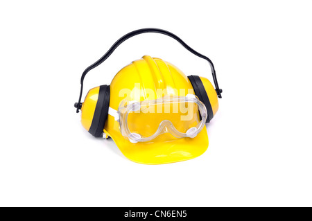 Casque, lunettes et cache-oreilles isolated on white, de l'équipement de protection Banque D'Images