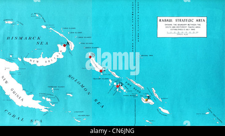 Carte des bases aériennes directement impliquées dans la campagne de Guadalcanal et de la Cactus Air Force, août 1942 - février 1943. Les points rouges sont des bases japonaises, le point jaune est Allied (Henderson Field sur Guadalcanal). Banque D'Images