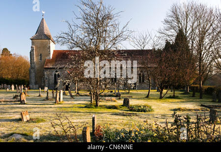 Eglise St Georges, Trotton, West Sussex tôt le matin avec le début du printemps des fleurs et légère sur la terre. Banque D'Images
