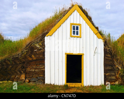 Islande jaune traditionnel toit engazonnés maison avec de l'herbe verte Banque D'Images