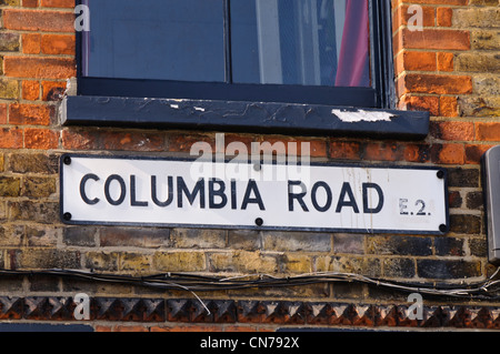 Columbia Road E2 signer sur mur de brique, East London Banque D'Images