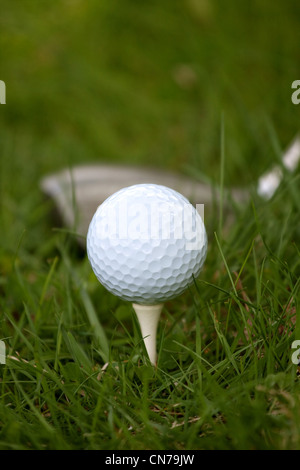 Une balle de golf blanche mis en place sur la pièce en T avec un conducteur sur le point d'oscillation. Profondeur de champ. Banque D'Images