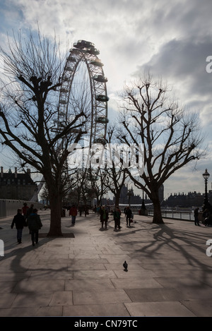 Le London Eye à partir de la chaussée sur la rive sud à la recherche dans le soleil Banque D'Images