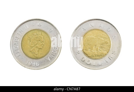 Deux pièce d'un dollar canadien isolé sur fond blanc. Banque D'Images
