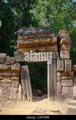 Angkor Wat, temple Ta Prohm, détail de la porte et de la pierre, de l'architecture Khmers Cambodge Banque D'Images