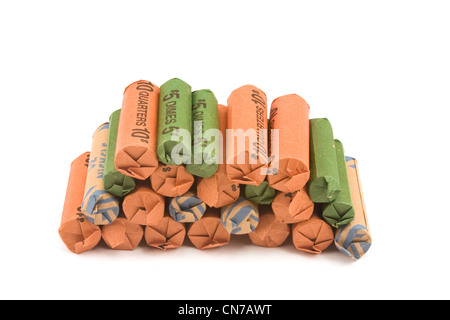 Coin rolls de l'argent américain isolé sur fond blanc. Banque D'Images