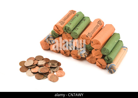 Devises US Coin rolls et isolé sur fond blanc. Banque D'Images