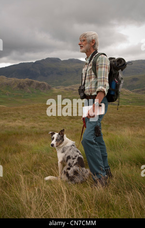 Plus male hiker avec chien border collie bleu merle dans le lake district Banque D'Images