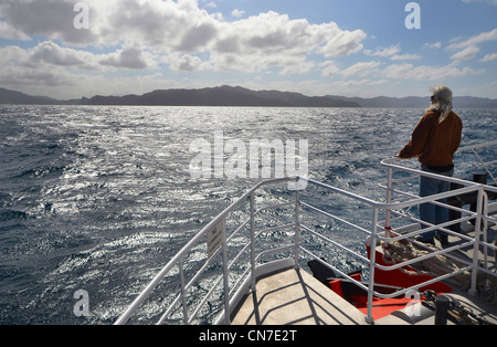 L'homme à l'avant, traversant de Great Barrier Island dans le golfe d'Hauraki, Auckland, Nouvelle-Zélande pour le car-ferry Island Navigator Banque D'Images