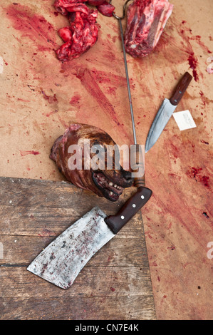 Beijing, Dongcuijia cun. La viande de chien disséqués. Banque D'Images