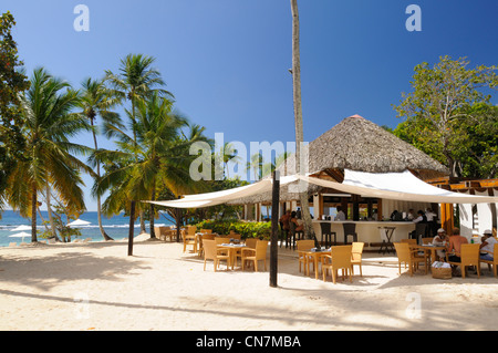 République dominicaine, la province de La Romana, Casa de Campo, bar sur la plage de sable blanc et transats à Casa de Campo Banque D'Images