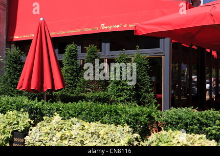 France, Paris, terrasse de restaurant Le Fouquet's sur l'Avenue des Champs Elysées Banque D'Images