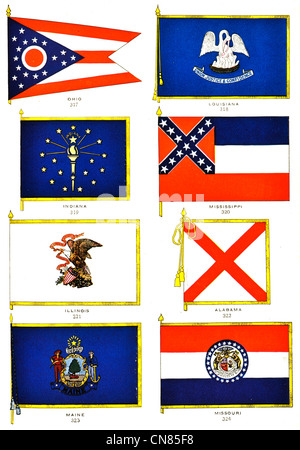 D'abord publié 1917 Drapeaux Drapeau Ohio Indiana Standard Louisiane Mississippi Missouri Illinois Illinois Maine Banque D'Images