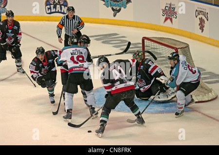 Josh lot, numéro 41, de Cardiff Devils préparer pour effacer la rondelle d'en face de l'objectif de Cardiff Banque D'Images