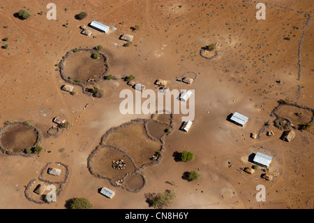 Règlement en terre Masaï, vue aérienne, Malambo, région d'Arusha, Tanzanie Banque D'Images