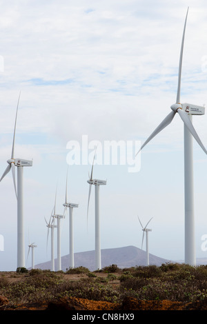 Eolicas de Lanzarote, SL. Ferme éolienne de production d'en haut de la crête nord-ouest de l'île entre Teguise et Haria. Banque D'Images