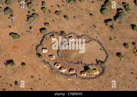 Règlement en terre Masaï, vue aérienne, Malambo, région d'Arusha, Tanzanie Banque D'Images