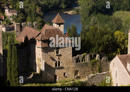 France, Lot, Saint Cirq Lapopie, les maisons du village et la Vallée du Lot, étiqueté Les Plus Beaux Villages de France Banque D'Images