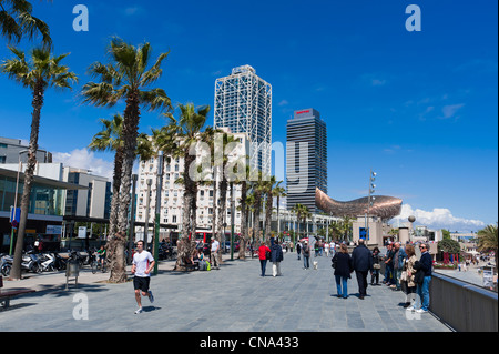 Espagne, Catalogne, Barcelone, La plage de Barceloneta, l'hôtel Arts et la Tour Mapfre, dans l'arrière-plan la Peix ou la Ballena Banque D'Images