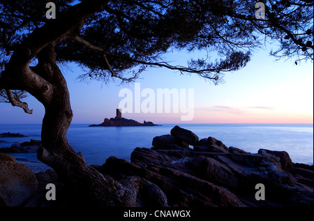 La France, Var, Corniche del'Esterel, à Saint Raphael, Ile d'Or et sa tour a été construite au 19ème siècle du Cap du Dramont Banque D'Images