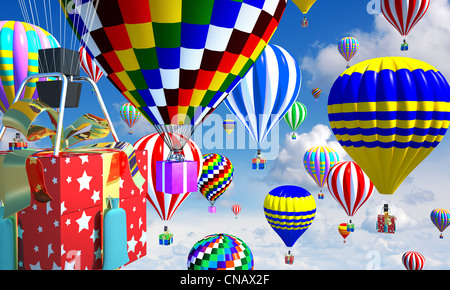 Les ballons à air chaud dans le ciel, avec des cadeaux à la place du panier Banque D'Images