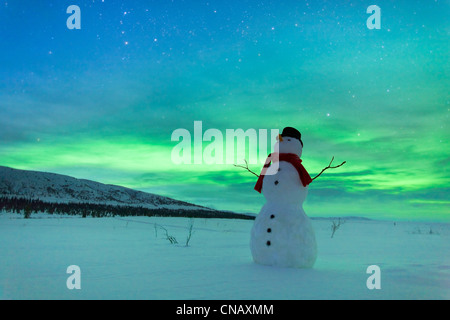 Modifié numériquement,Bonhomme regardant Northern Lights, hiver, Eureka, Sommet de l'autoroute Glenn, Southcentral Alaska Banque D'Images