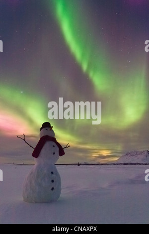 Modifié numériquement, Bonhomme regardant Northern Lights, hiver, Eureka, Sommet de l'autoroute Glenn, Southcentral Alaska, Banque D'Images