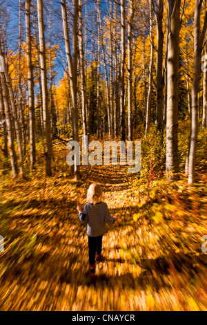 Jeune fille marchant dans un chemin couvert de feuilles au Glacier Matanuska donnent sur le long de la Glenn Highway, Alaska, automne Banque D'Images