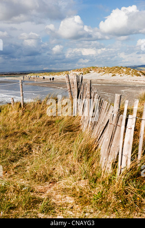 Vue de la tête de l'Est par West Wittering beach avec des promeneurs et clôture. Les nuages orageux rassemblement. Banque D'Images