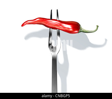 Piment rouge sur fourche. Vue en gros plan sur fond blanc, avec droppe ombre. Chemin de détourage inclus. Banque D'Images