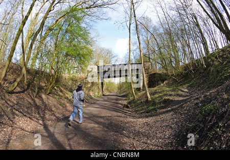 Jeune homme/mâle bas de jogging une ancienne ligne de chemin de fer maintenant un sentier nature Banque D'Images