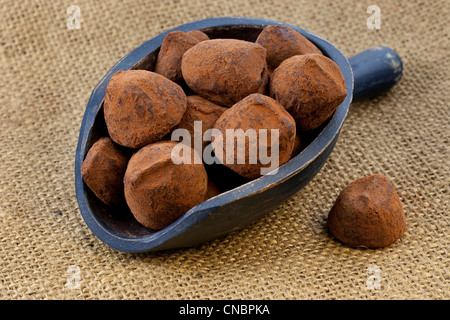 Truffes au chocolat sur une sombre rustique en bois peint écope contre fond de toile Banque D'Images