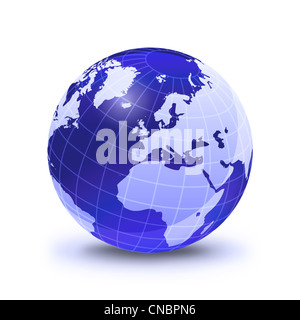 Earth globe stylisé, en bleu, brillant et lumineux blanc avec grille. Sur la surface blanche avec ombre abandonnée. Voir l'Europe. Banque D'Images